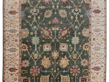 Artisan Cameron  Teal Green Ivory Traditional Knotted Rug For Sale