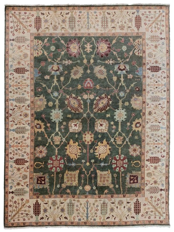 Artisan Cameron  Teal Green Ivory Traditional Knotted Rug For Sale