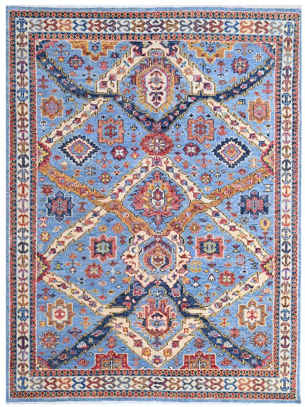 Artisan Felicity  Teal Blue Beige Traditional Knotted Rug Discount